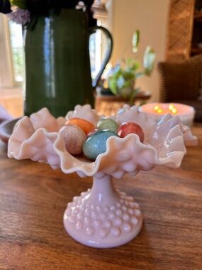 Pink Hobnail Glass Compote - Ruffled Pedestal Bowl